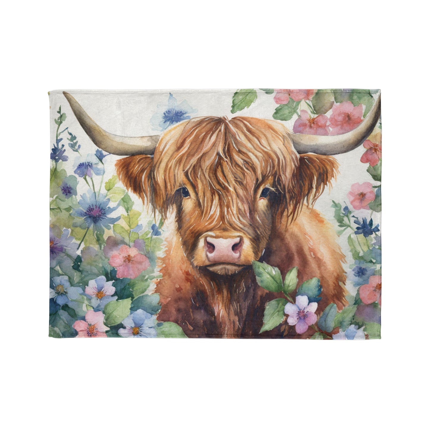 Floral watercolor highland cow Soft Polyester Blanket