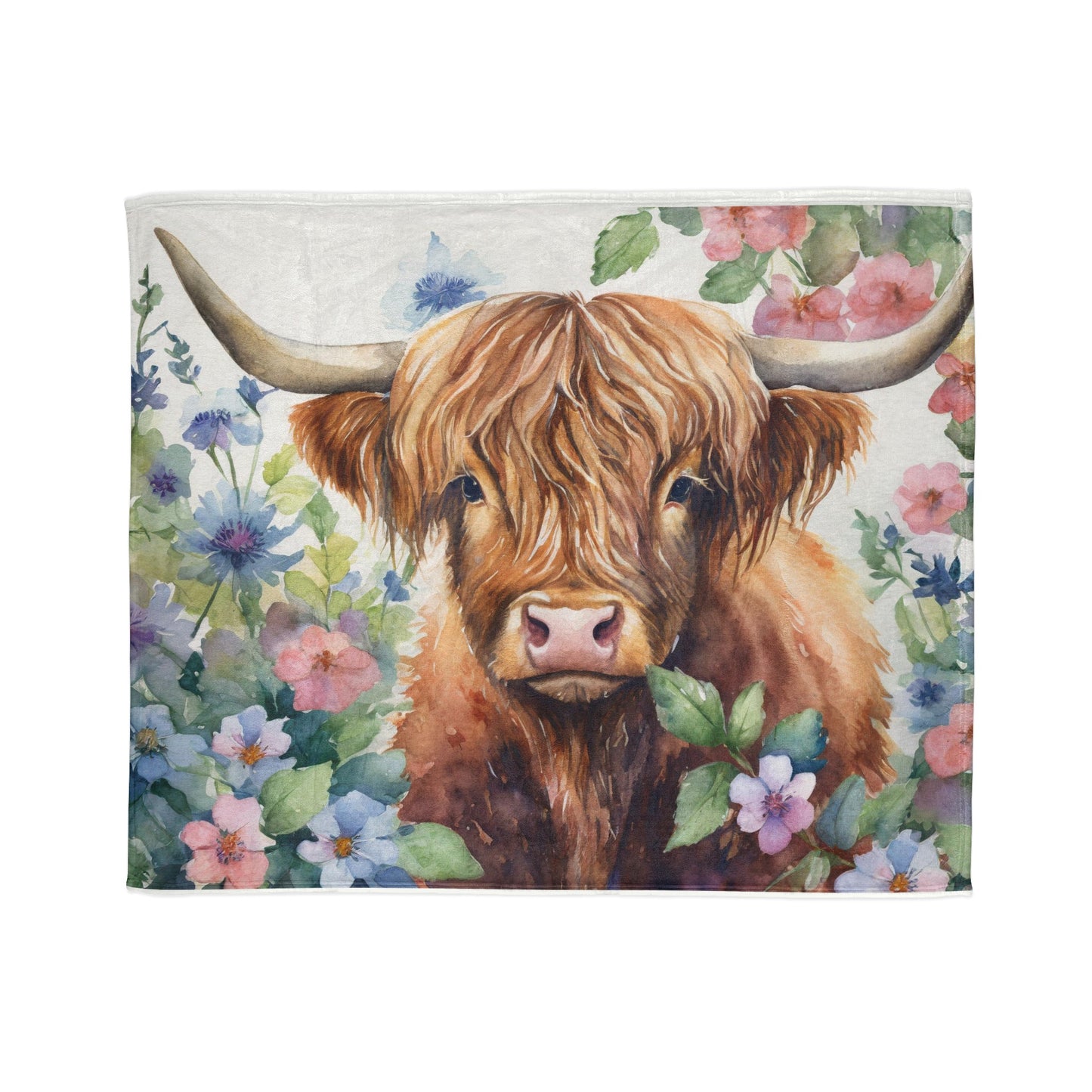 Floral watercolor highland cow Soft Polyester Blanket