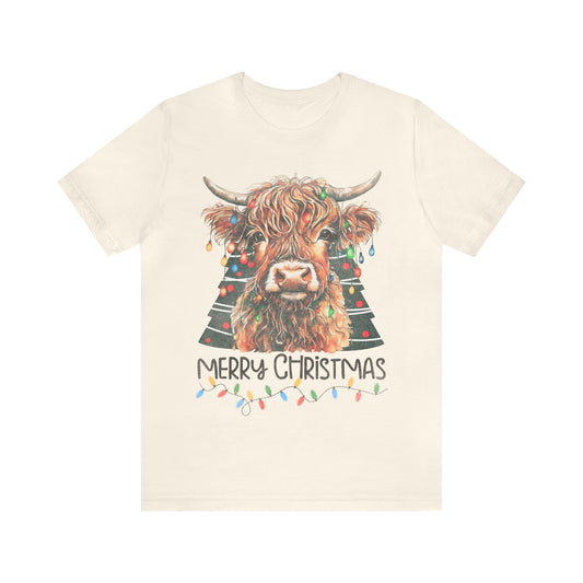 Merry Christmas Highland Cow Christmas Lights Tree Unisex Jersey Short Sleeve Tee