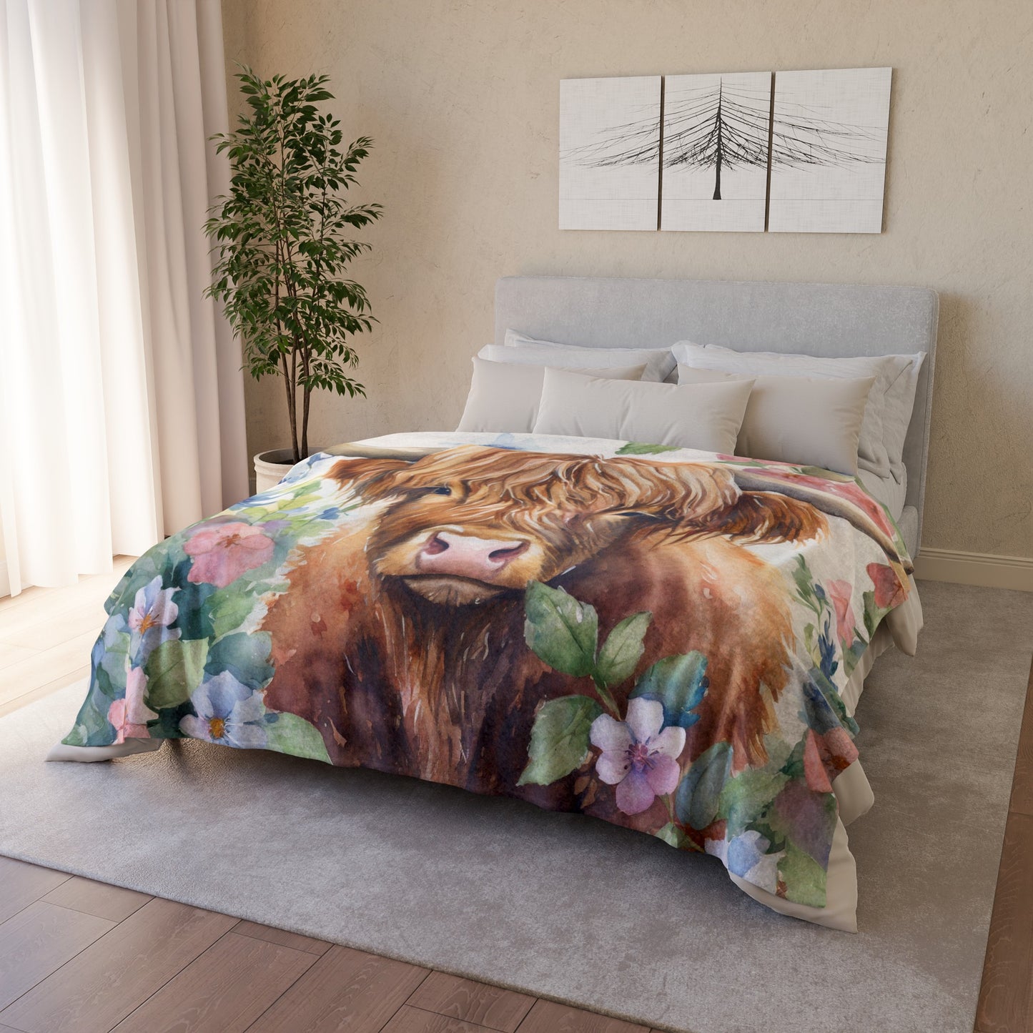 Floral watercolor highland cow Soft Polyester Blanket