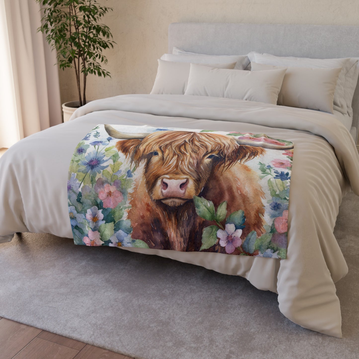 Floral watercolor highland cow Soft Polyester Blanket