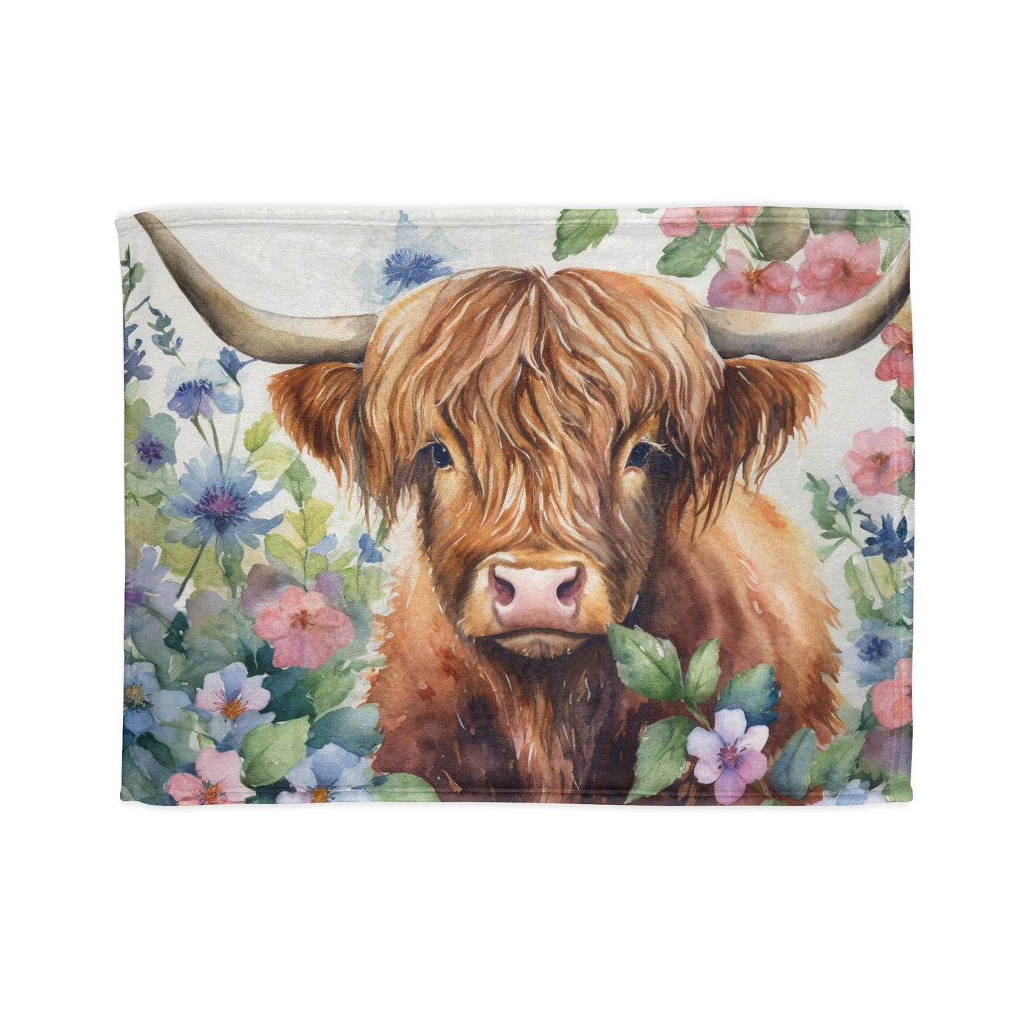 Floral watercolor highland cow Soft Polyester Blanket