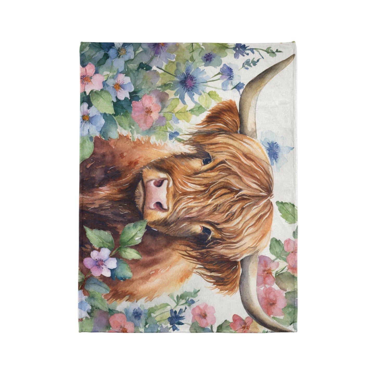 Floral watercolor highland cow Soft Polyester Blanket