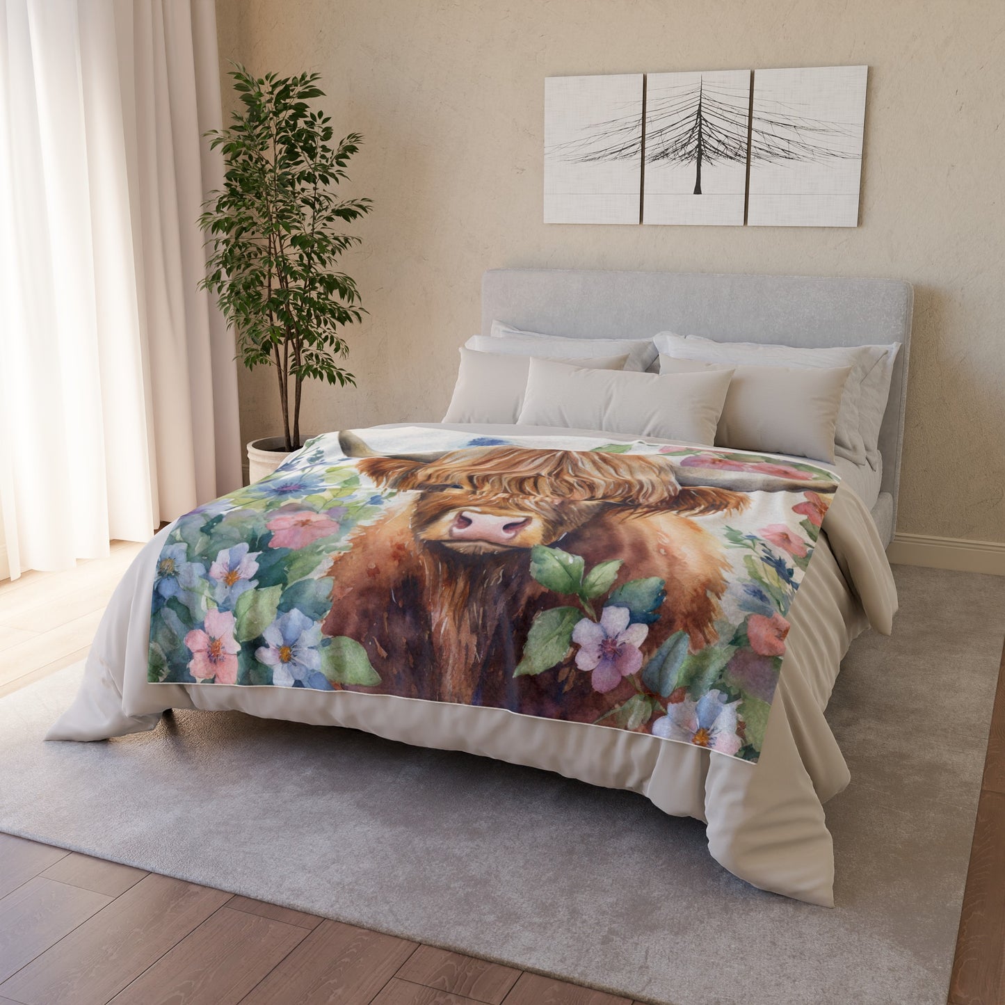 Floral watercolor highland cow Soft Polyester Blanket