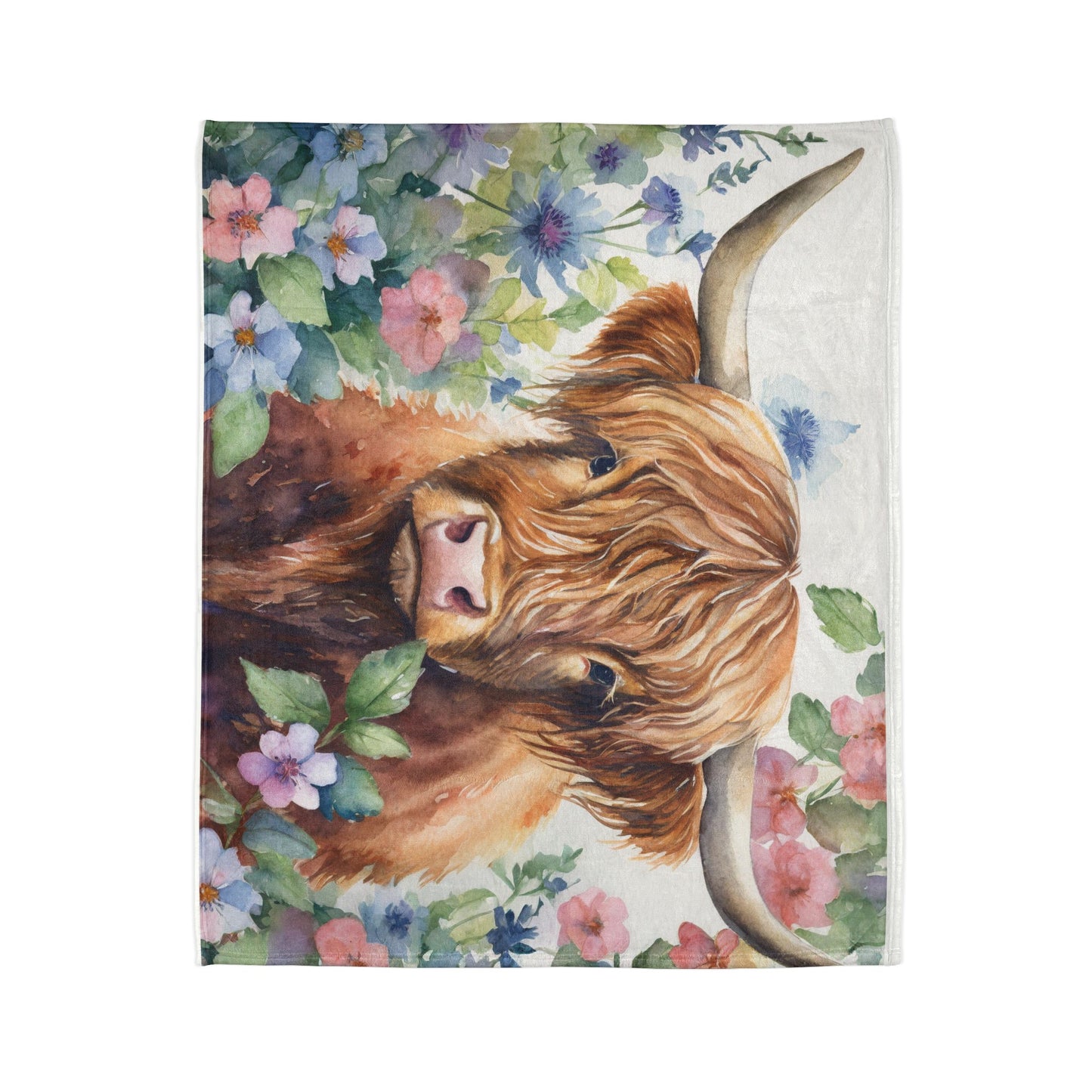 Floral watercolor highland cow Soft Polyester Blanket