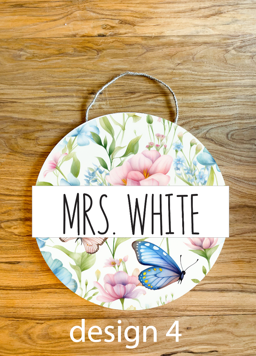 Watercolor Floral Butterfly Personalized Custom Teacher Name Spring Classroom Wood Sign