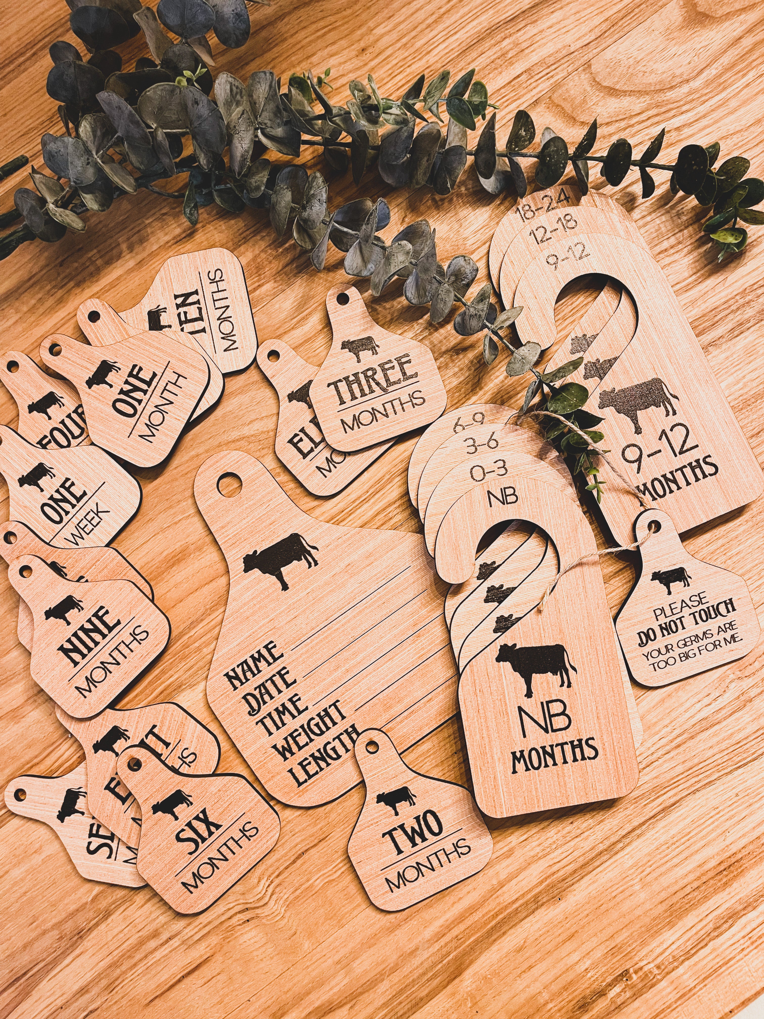 Cattle Ear Tag Baby laser engraved Milestone cards + closet hangers ; –  simply country ranch