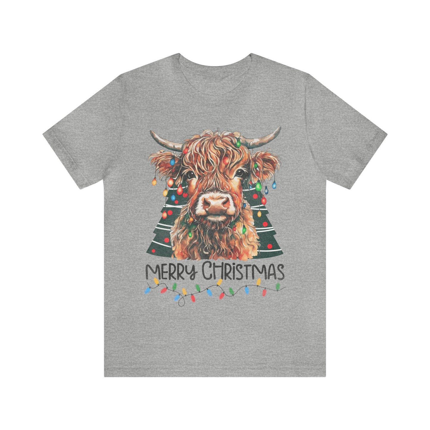 Merry Christmas Highland Cow Christmas Lights Tree Unisex Jersey Short Sleeve Tee