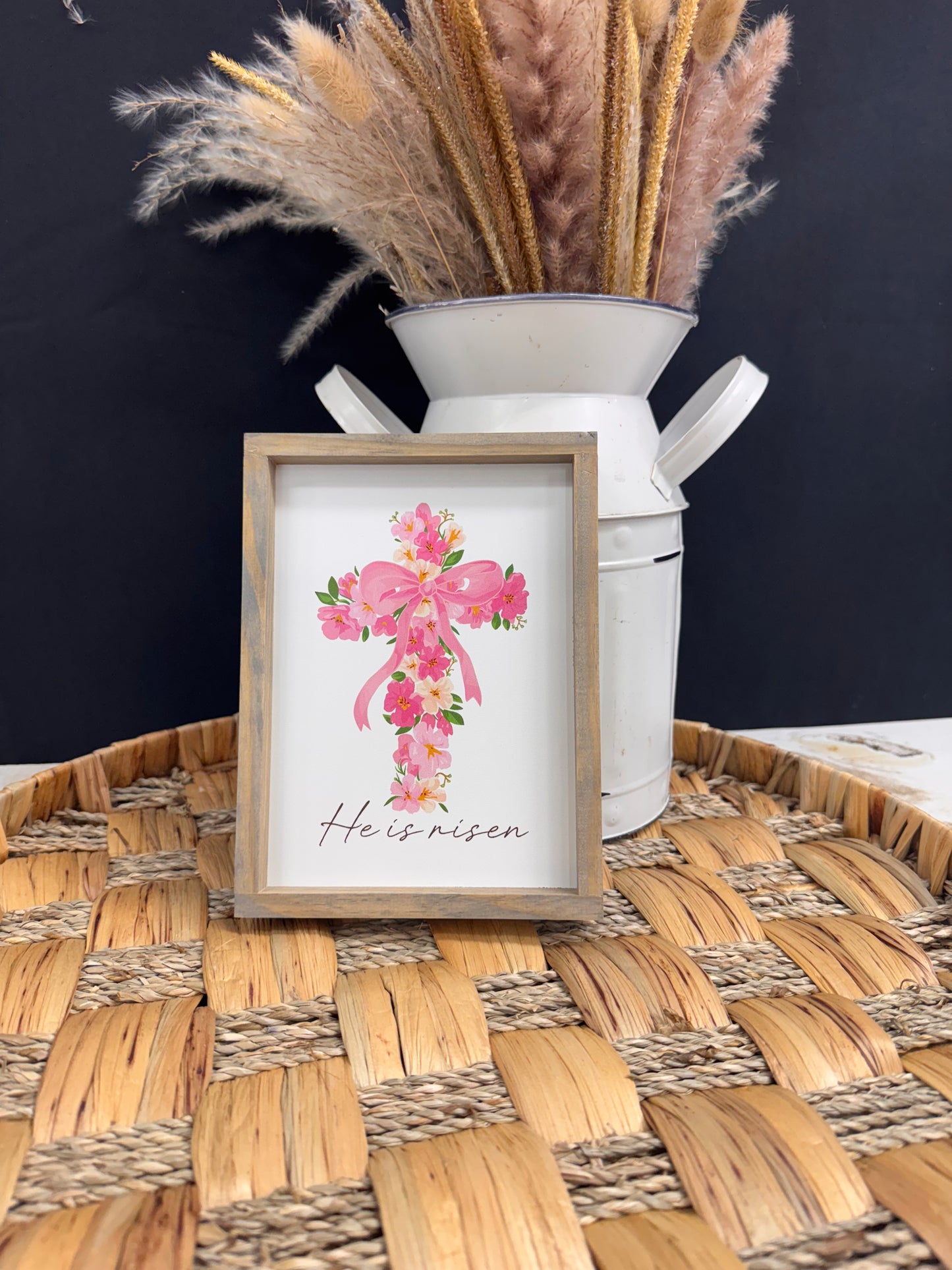 He Is Risen Pink Floral Cross Spring/Easter Wood Sign