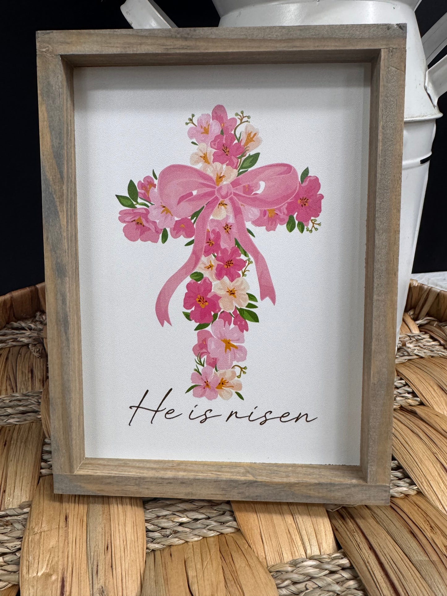 He Is Risen Pink Floral Cross Spring/Easter Wood Sign