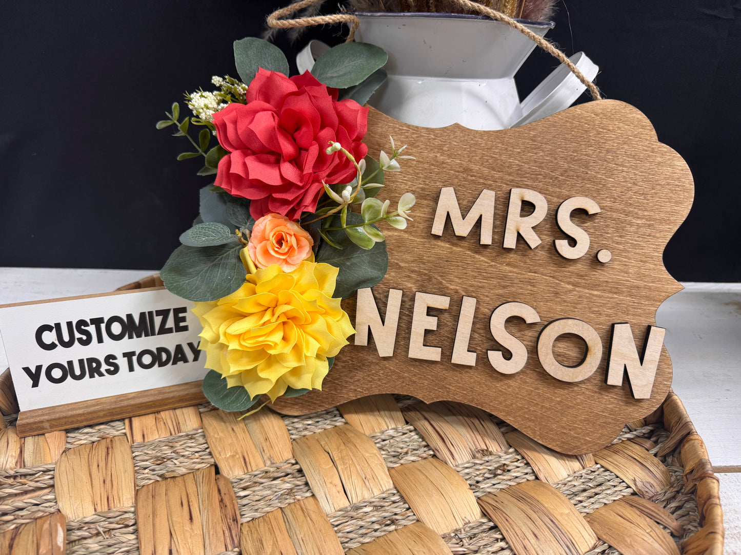 Flower Teacher Name wood hanger sign