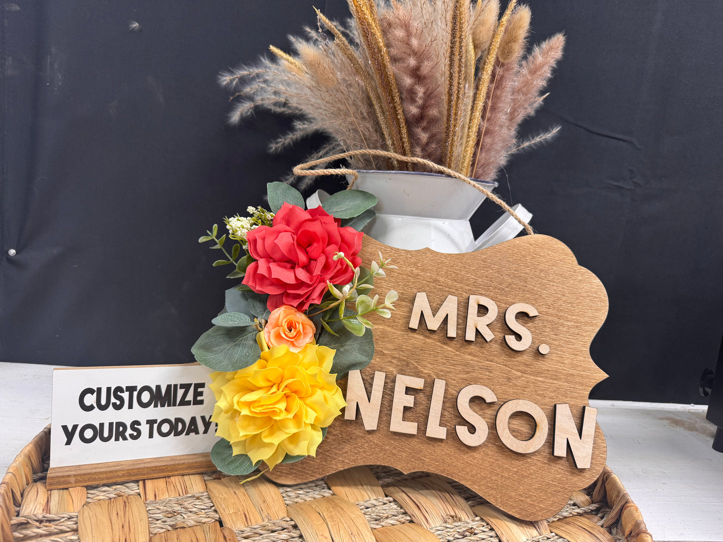 Flower Teacher Name wood hanger sign