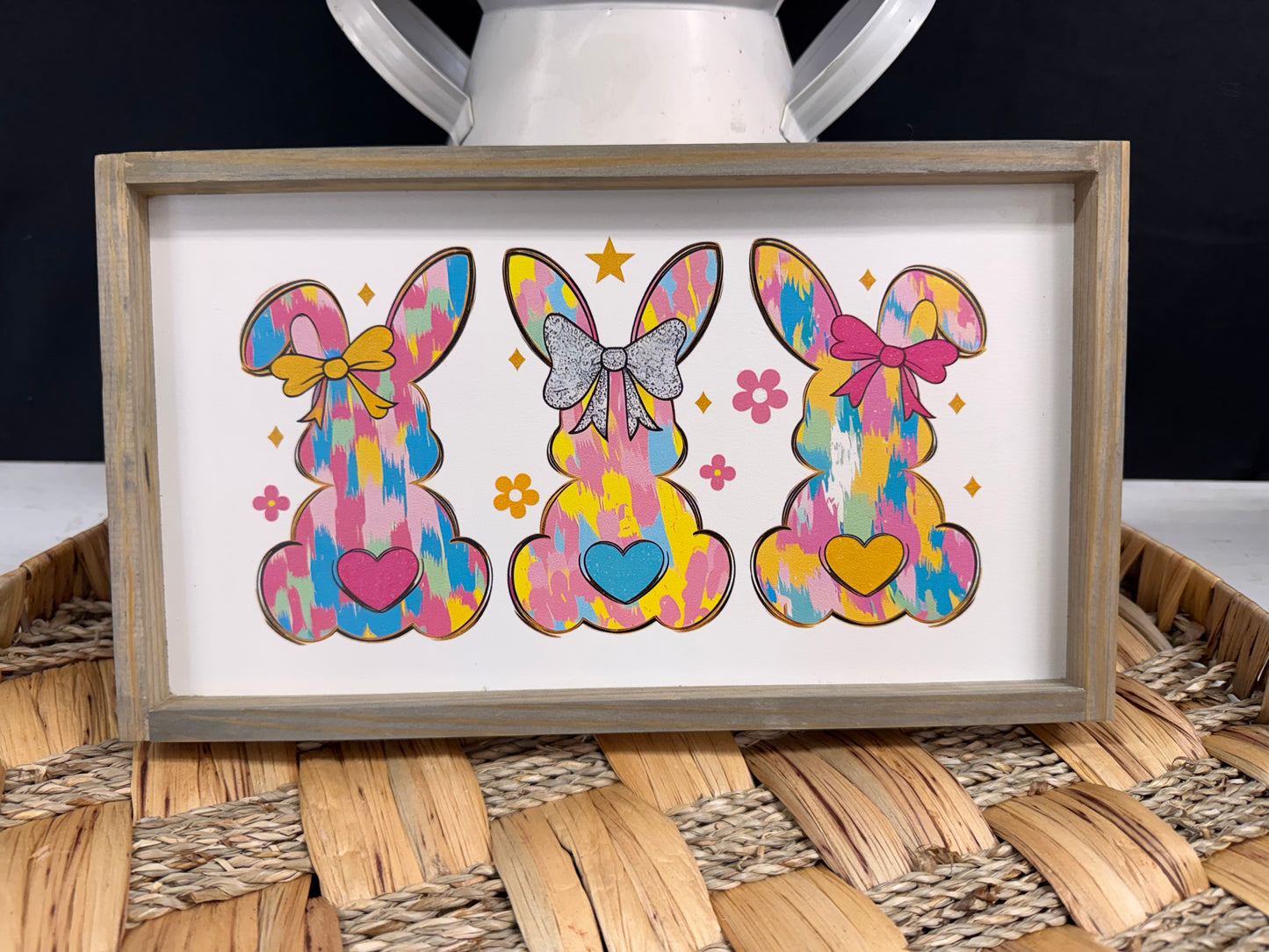 Colorful Easter Bunny with bow wood sign