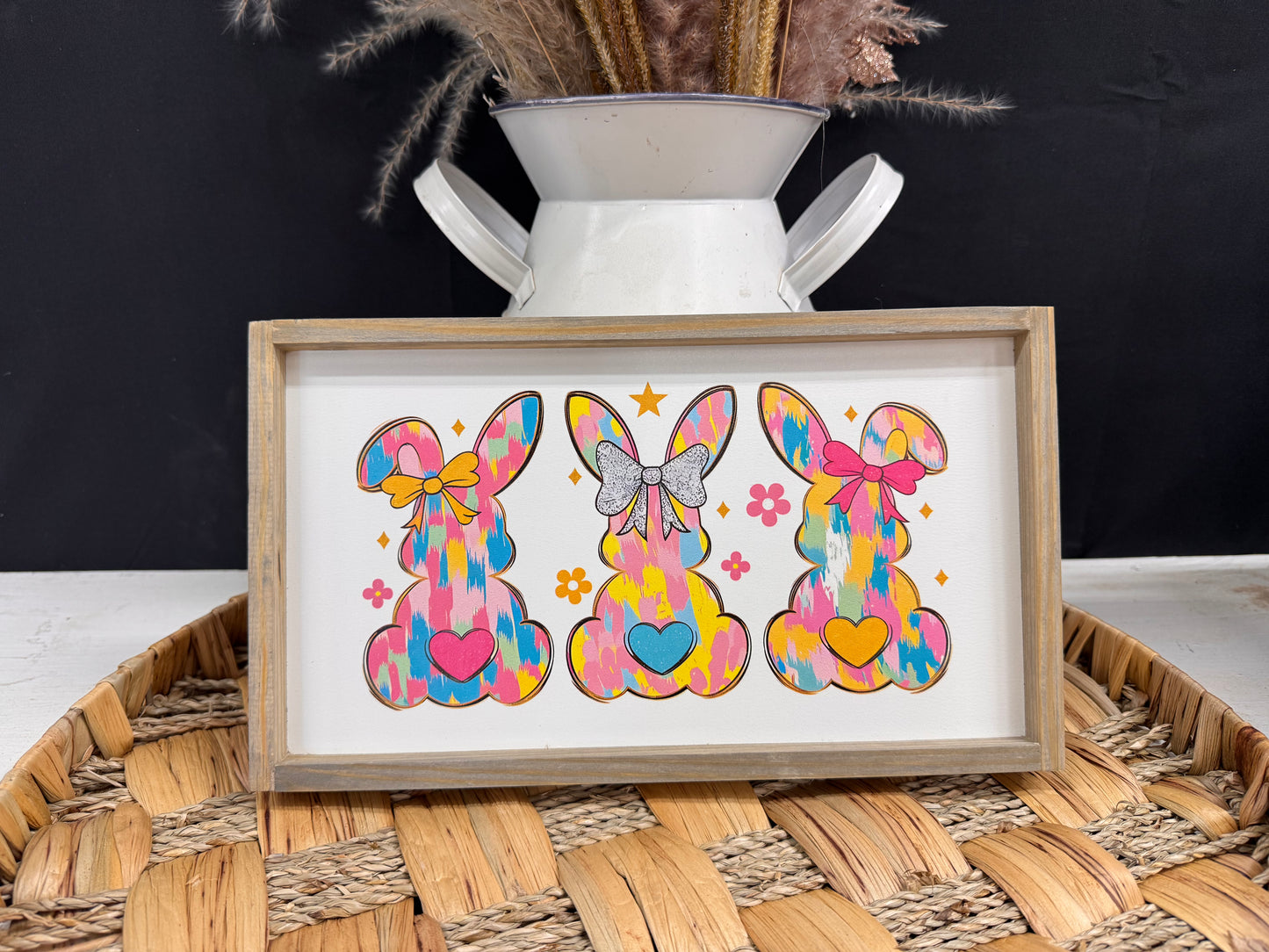 Colorful Easter Bunny with bow wood sign