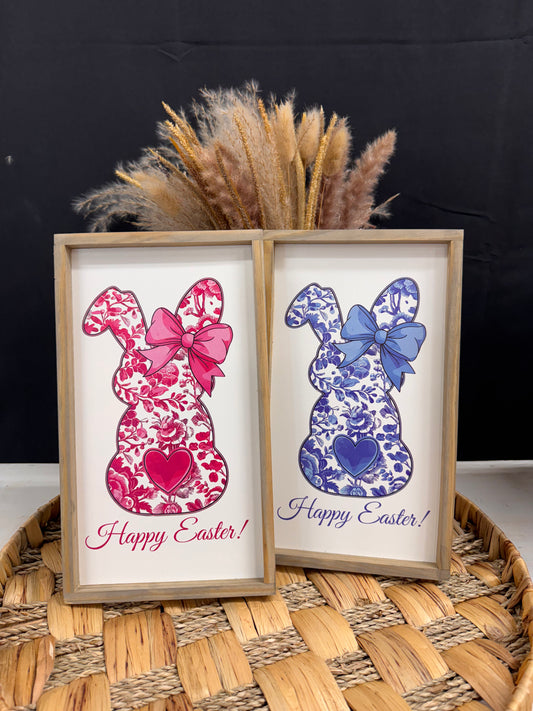 Happy Easter Pink or Blue Floral Bunny Spring wood sign