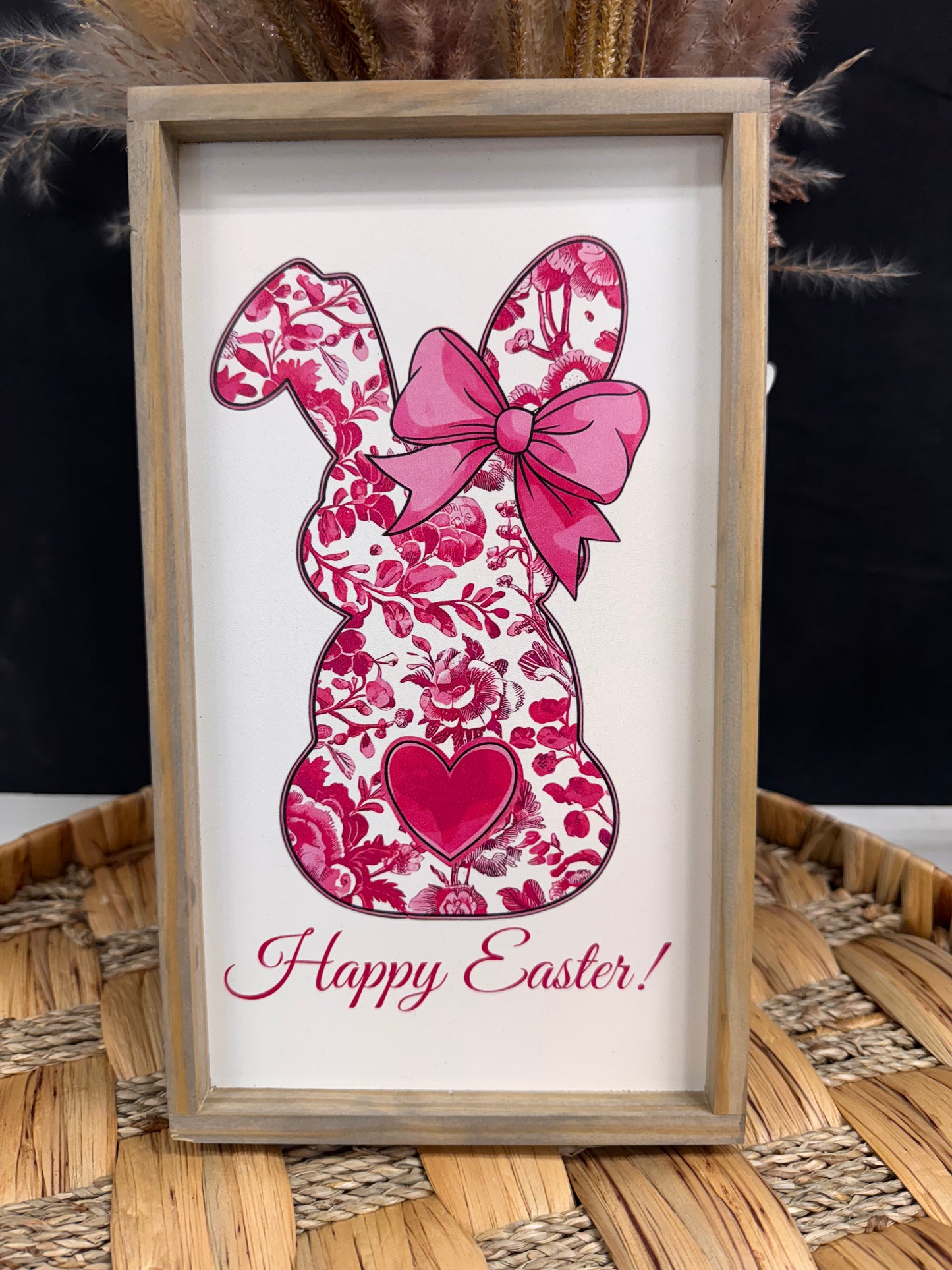 Happy Easter Pink or Blue Floral Bunny Spring wood sign