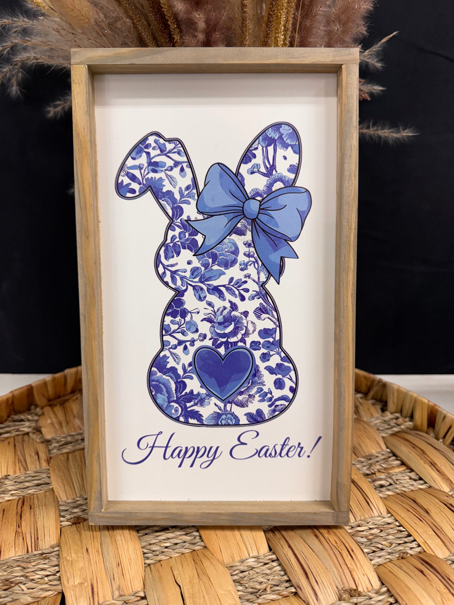 Happy Easter Pink or Blue Floral Bunny Spring wood sign