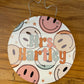 Retro Groovy Smiley Face Colorful Circle Teacher Name Sign; Round wood sign