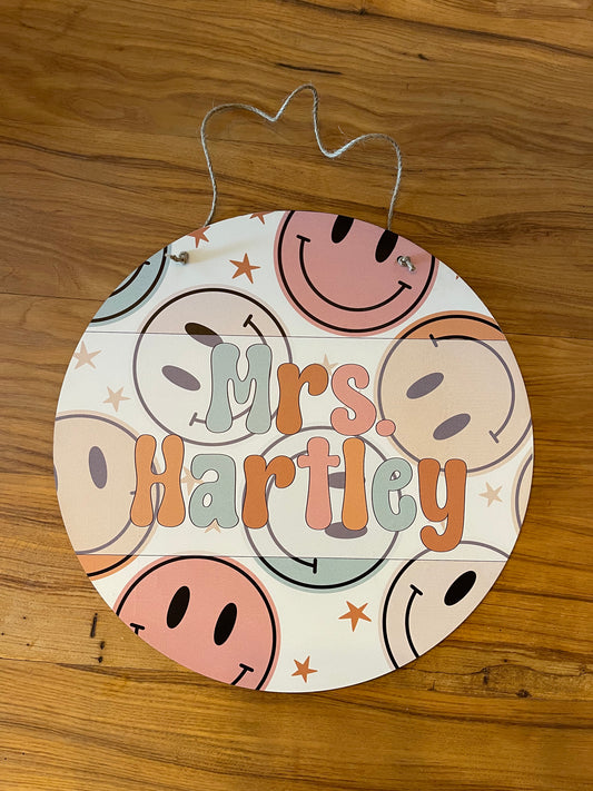 Retro Groovy Smiley Face Colorful Circle Teacher Name Sign; Round wood sign