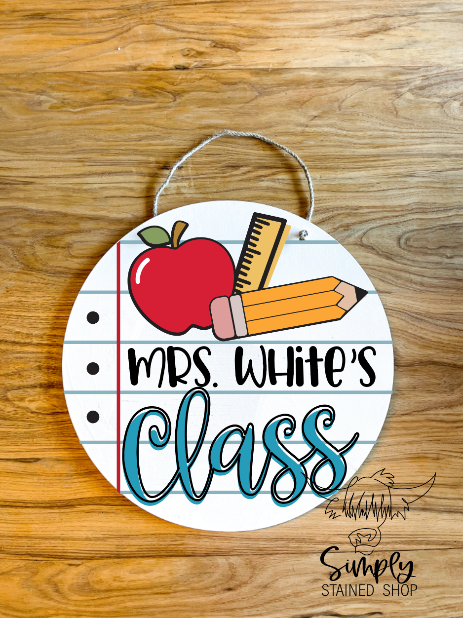 paper Pencil apple Circle Teacher Name Sign; wood Round sign