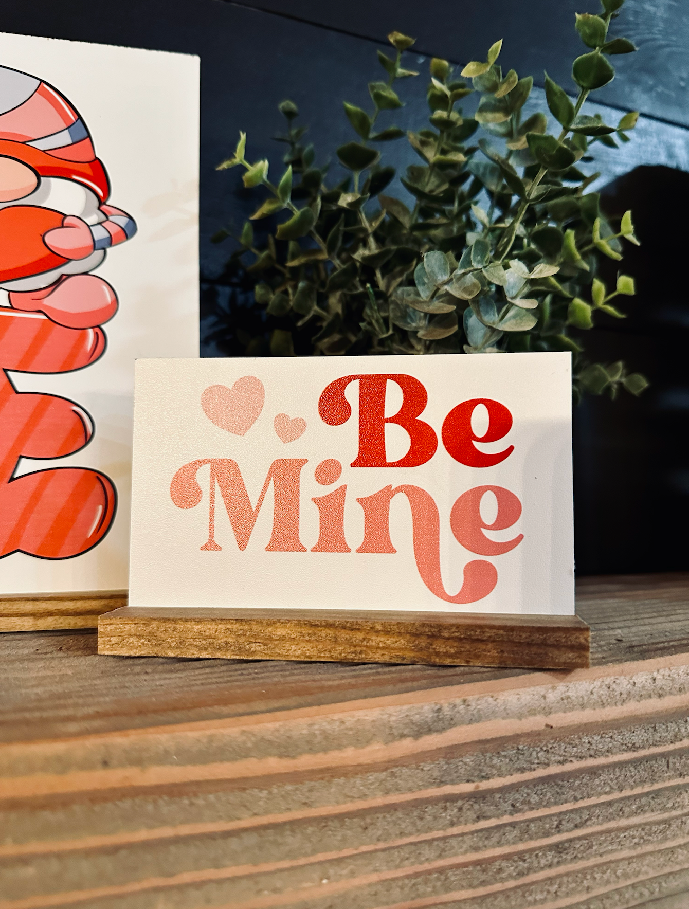 Valentines Day 2024 Wood Signs Be Mine Gnome Hugs and Kisses Pink and Red Cute Heart Mini signs