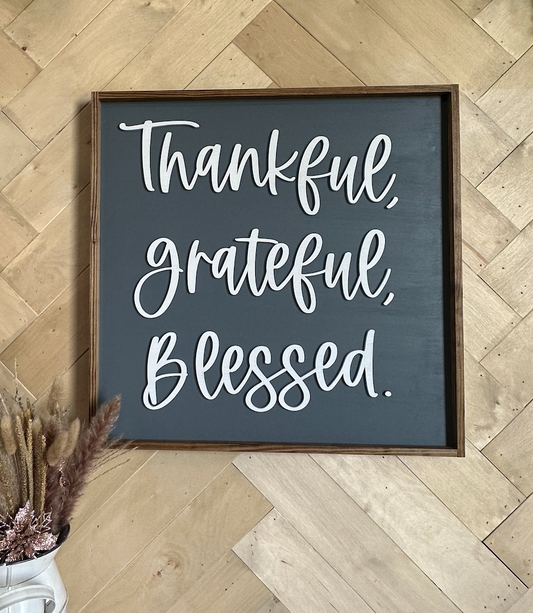 Thankful, Grateful, Blessed Fall 2024 farmhouse 3D raised letters cursive family wood sign