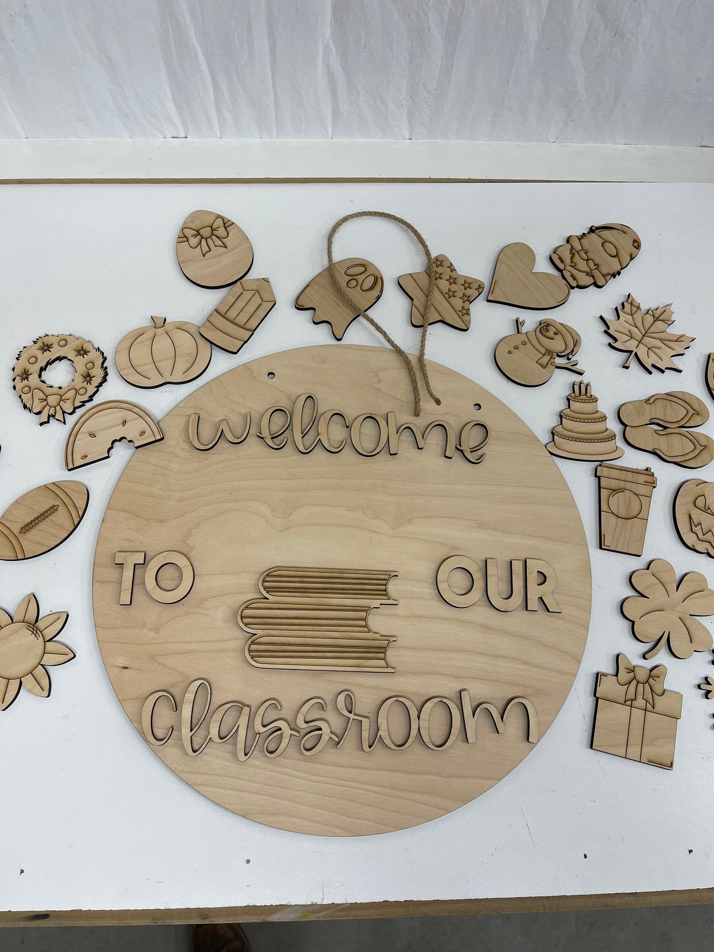 DIY Paint Kit, Welcome to our classroom seasonal change icon circle door hanging wood sign