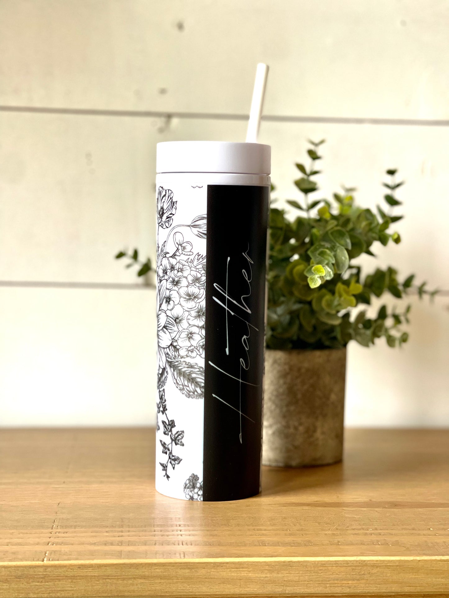 Botanical Flower Personalized Skinny Tumbler with Lid and Straw, 16 oz Matte Black Acrylic Tumbler Insulated Double Wall Plastic Reusable Cups
