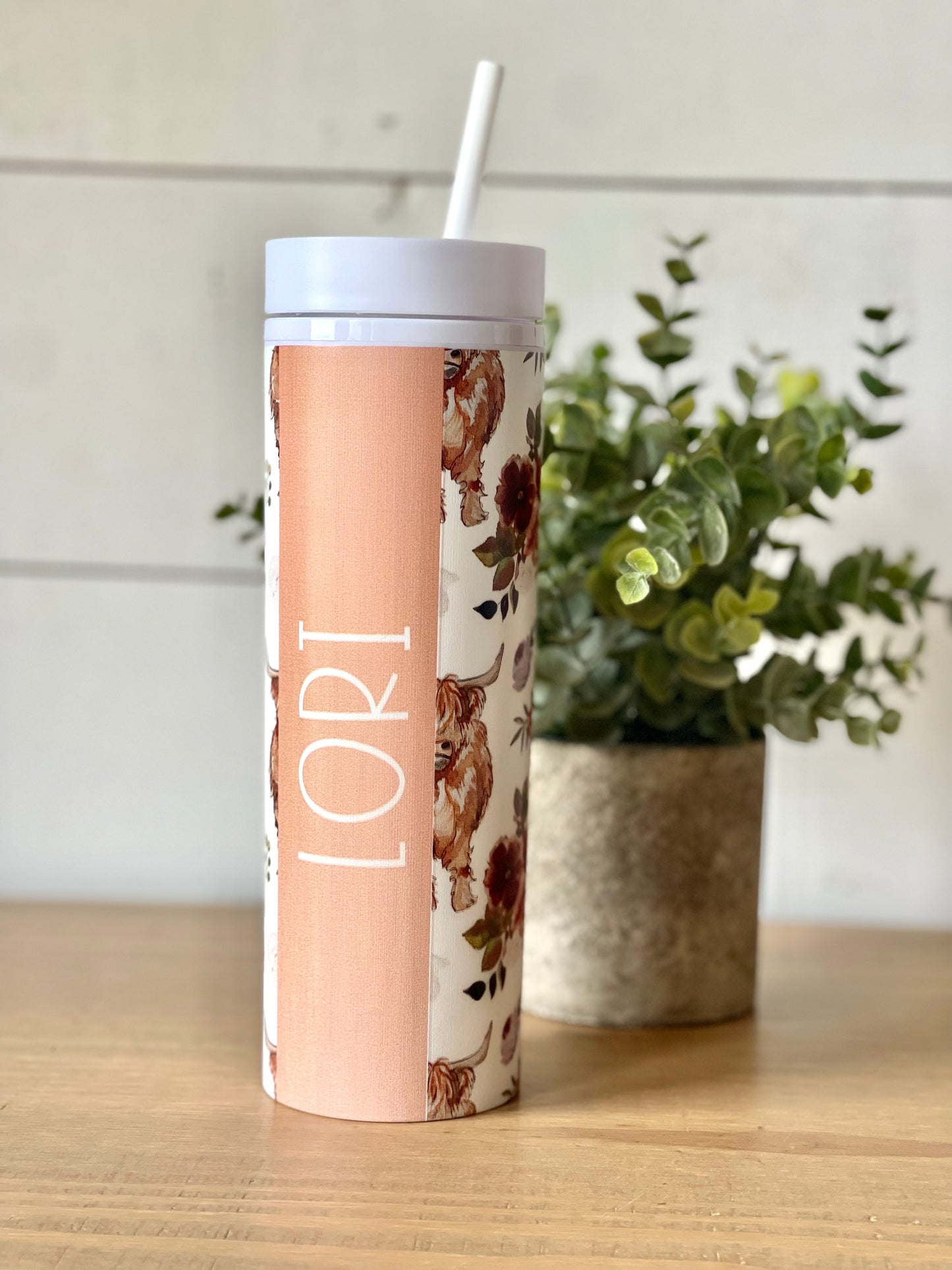 Watercolor Highland Cow Flower Personalized Skinny Tumbler with Lid and Straw, 16 oz Matte Black Acrylic Tumbler Insulated Double Wall Plastic Reusable Cups