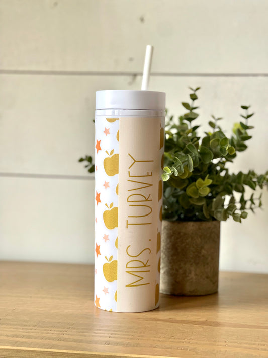Gold Apple Star Teacher Personalized Skinny Tumbler with Lid and Straw, 16 oz Matte Black Acrylic Tumbler Insulated Double Wall Plastic Reusable Cups