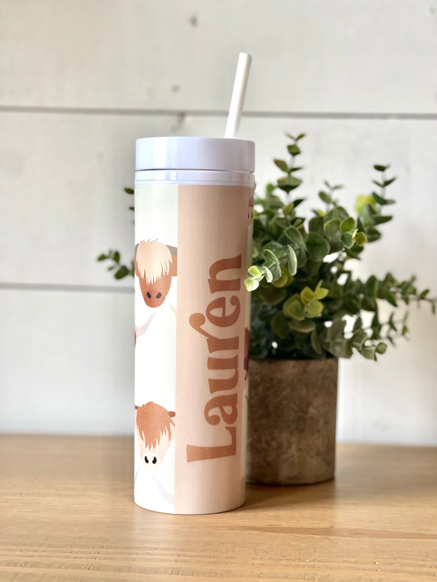 Fluffy Highland Cow Pattern Personalized Skinny Tumbler with Lid and Straw, 16 oz Matte Black Acrylic Tumbler Insulated Double Wall Plastic Reusable Cups