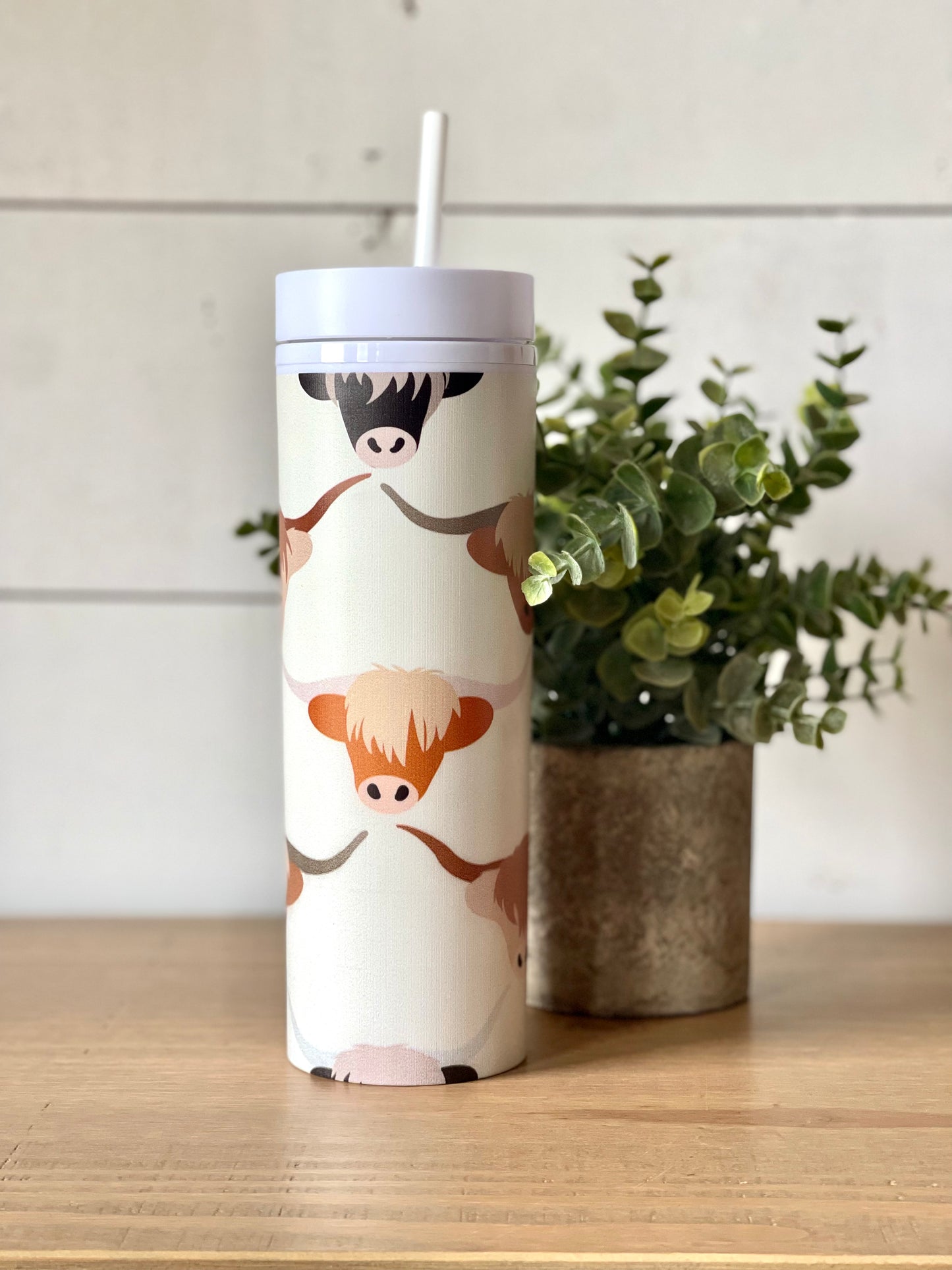 Fluffy Highland Cow Pattern Personalized Skinny Tumbler with Lid and Straw, 16 oz Matte Black Acrylic Tumbler Insulated Double Wall Plastic Reusable Cups