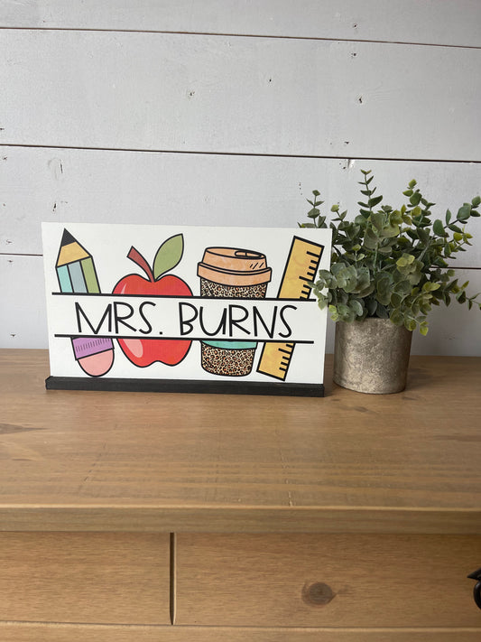 Personalized Teacher Desk Name Plate Shelf Sitter Removable Sign | Coffee apple leopard pencil