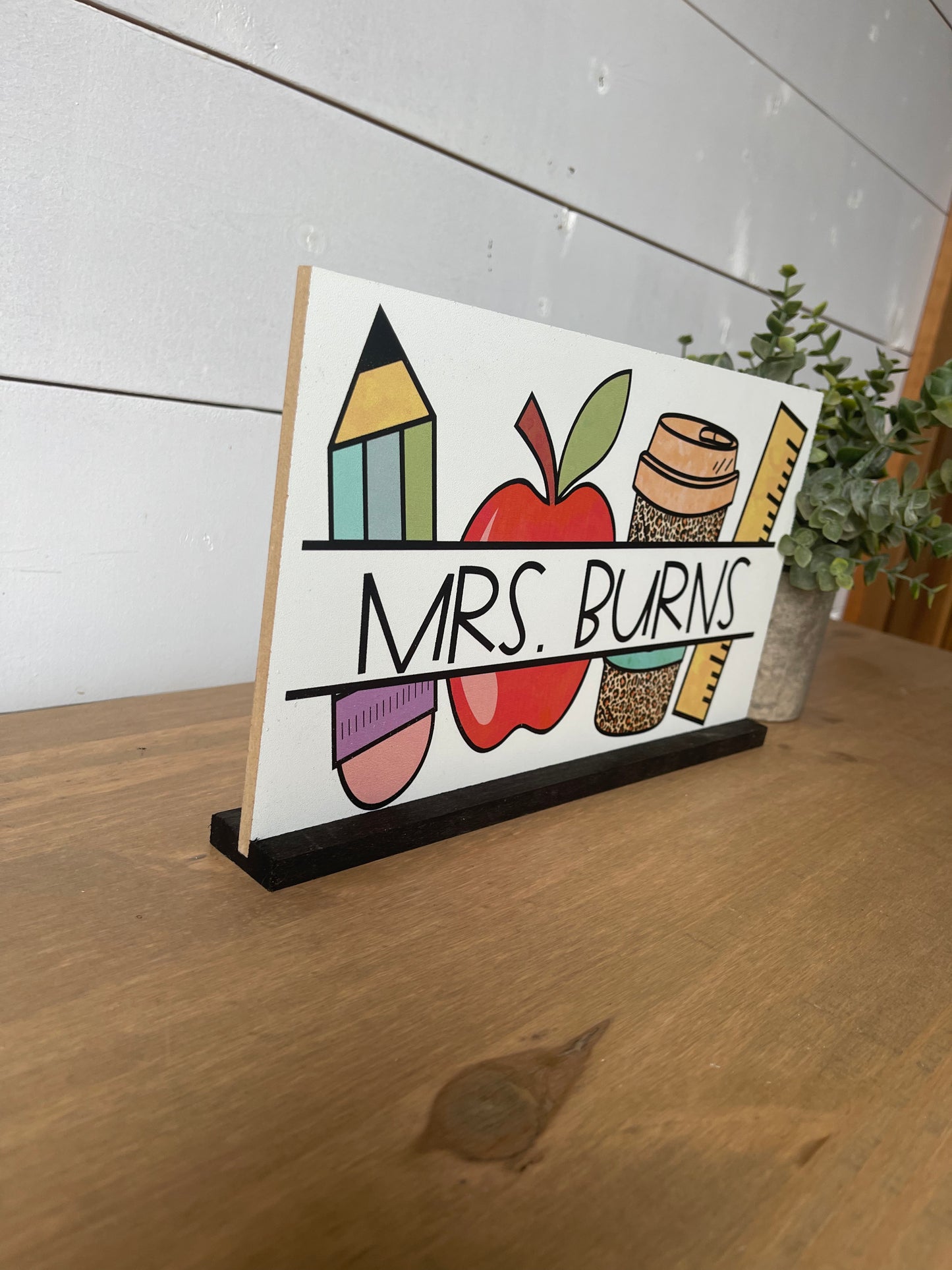 Personalized Teacher Desk Name Plate Shelf Sitter Removable Sign | Coffee apple leopard pencil