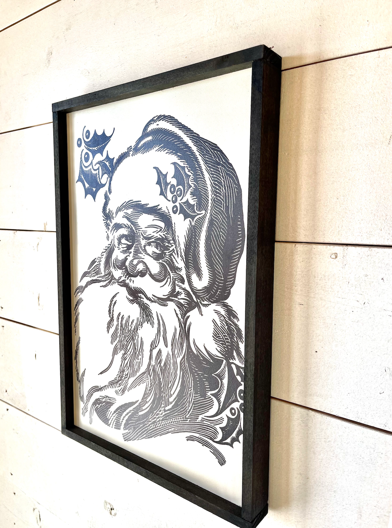 Traditional black and white santa claus christmas wood sign