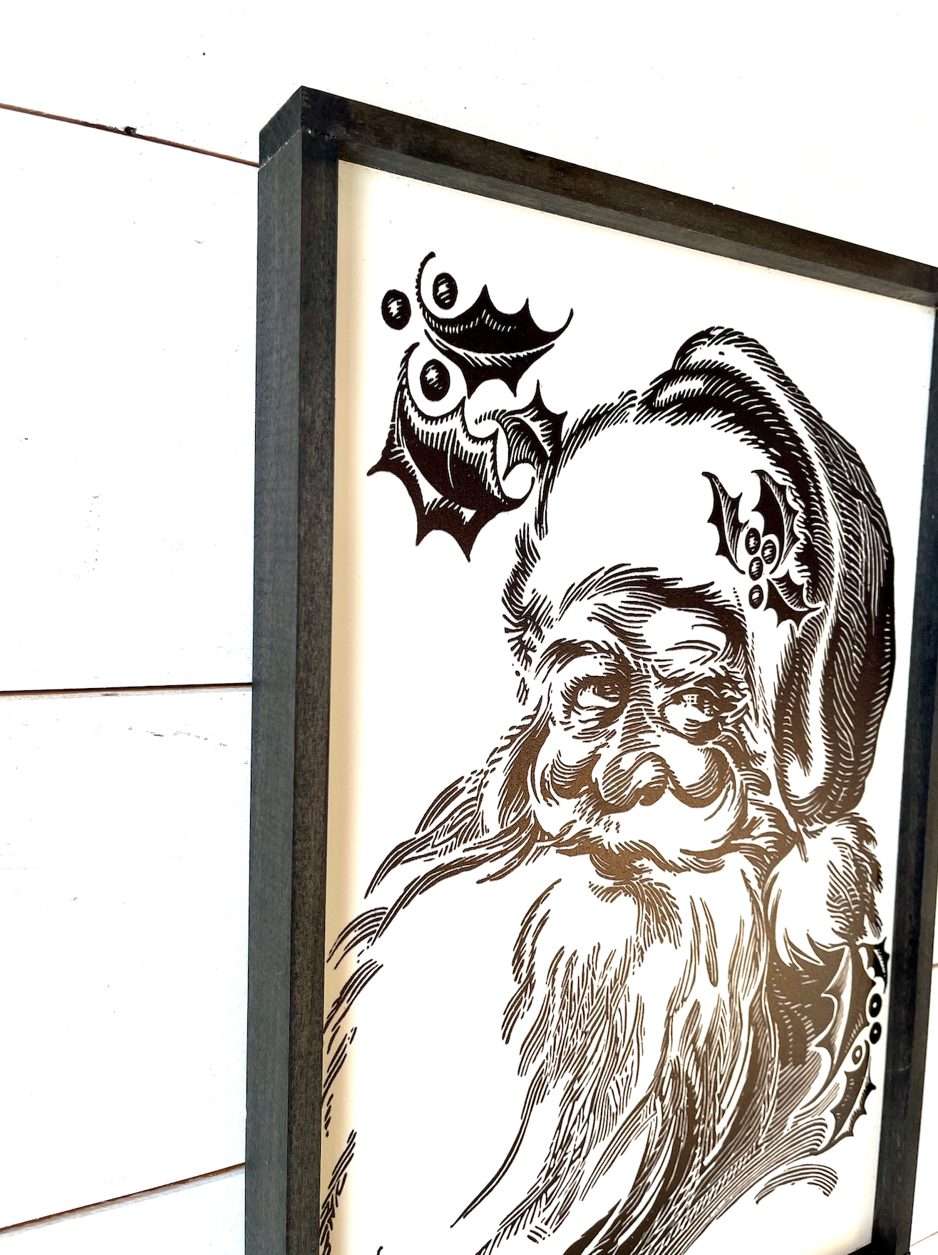 Traditional black and white santa claus christmas wood sign