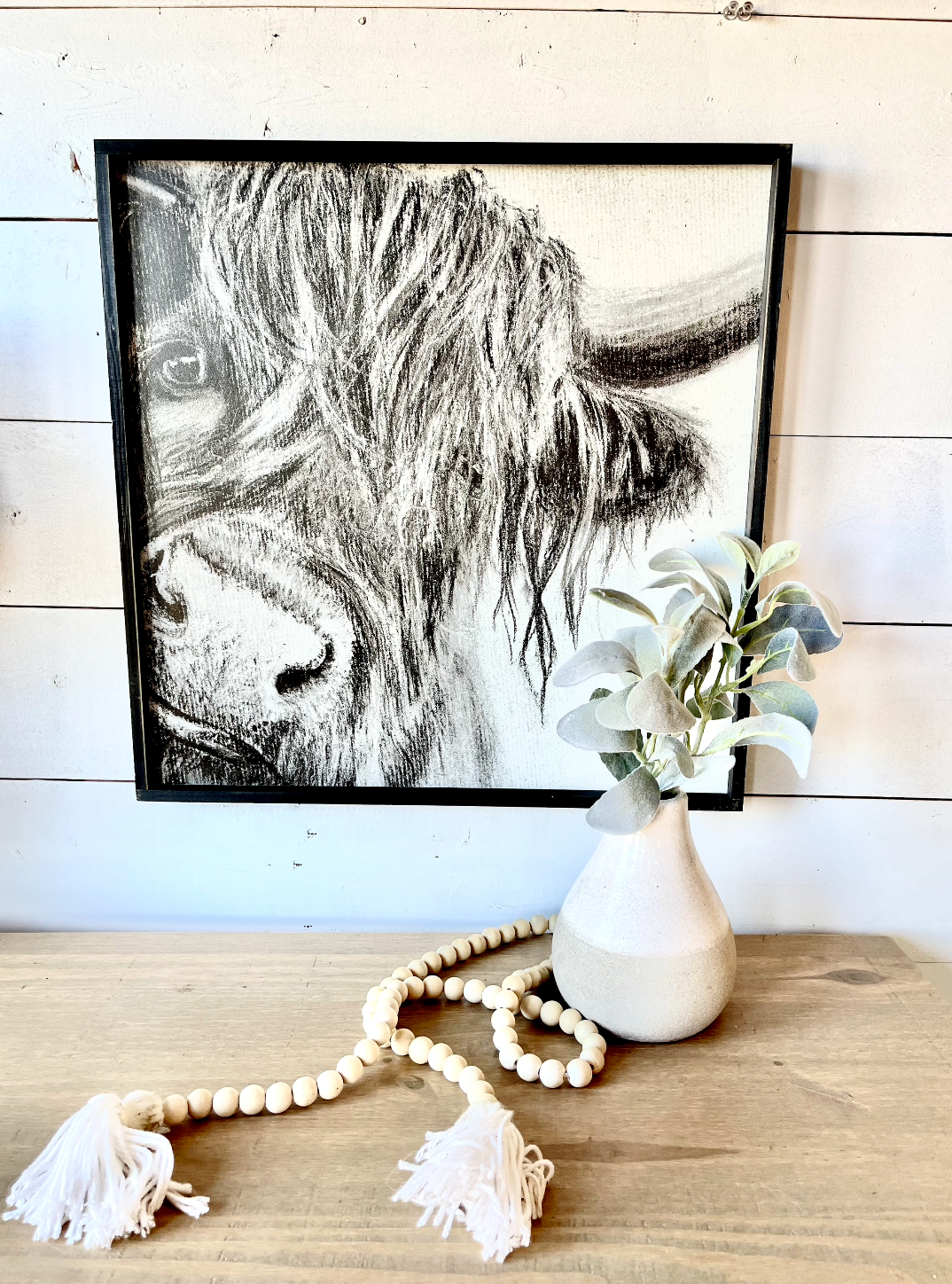 Cow Nose Drawing of Highland Cow Black and White Highland Cow fluffy farmhouse wood sign