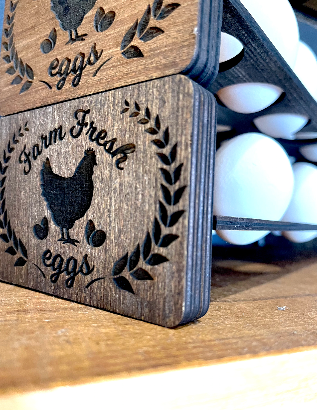Fresh Egg Holder, Stackable laser engraved cut out wood sign
