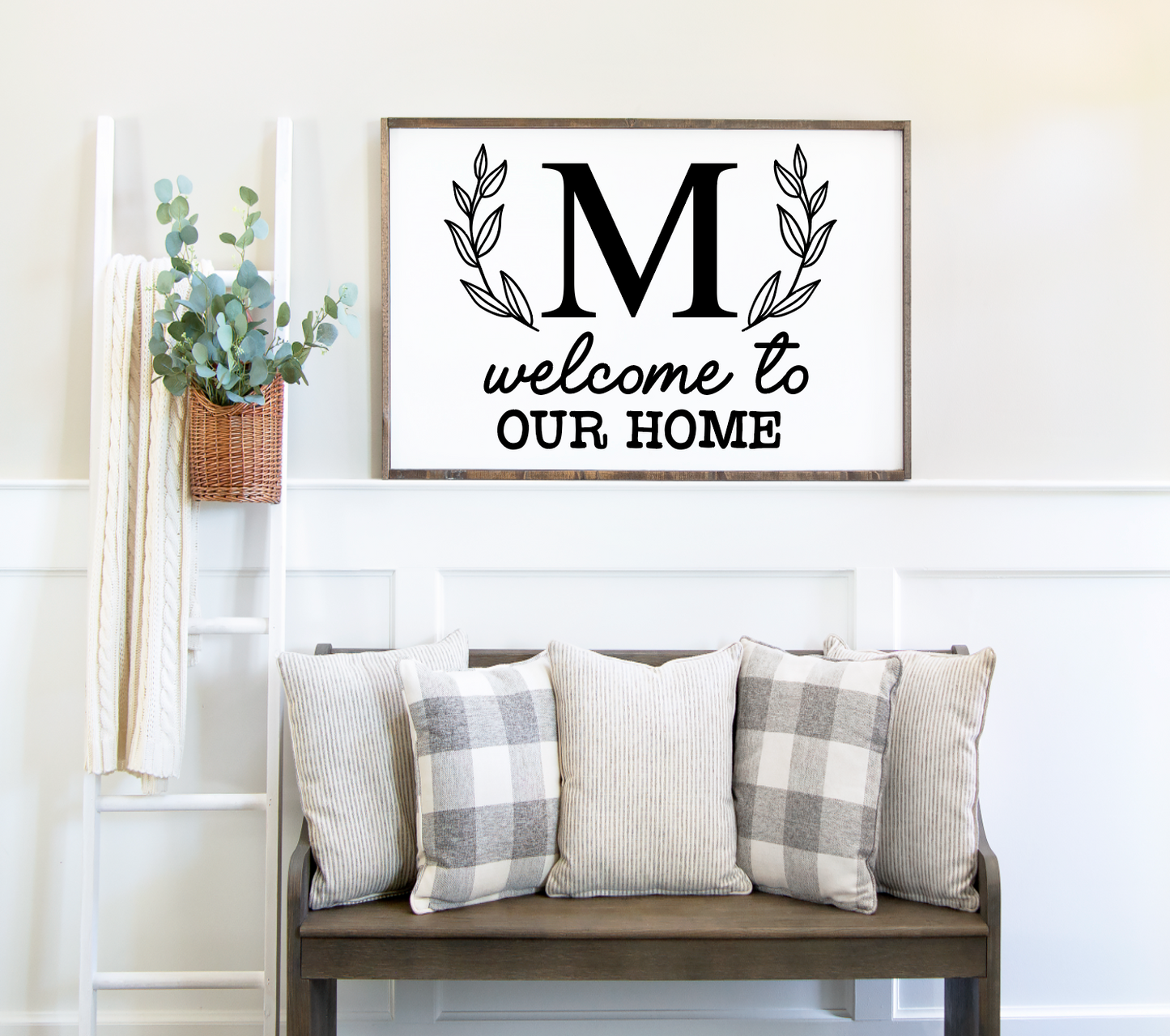 Monogram 1 Collection greenery leaves  family name  farmhouse new wood sign