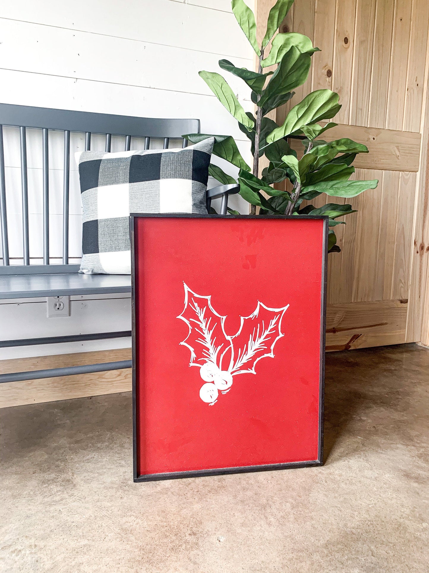 Red and white Holly Mistletoe Large Wood Sign Mantle layering sign
