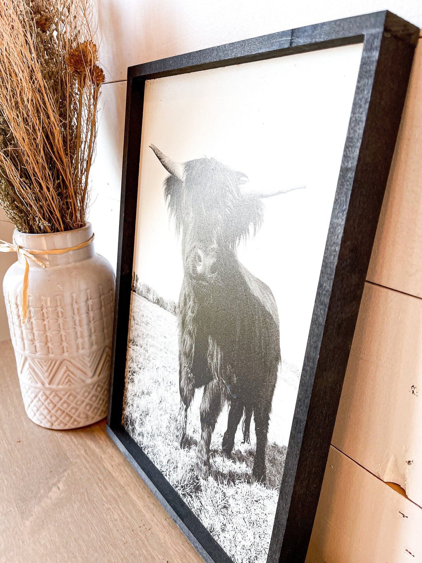 Maggie Black Scottish Highland Cow and baby Fluffy CowPhotos; Framed Wood Photo Signs
