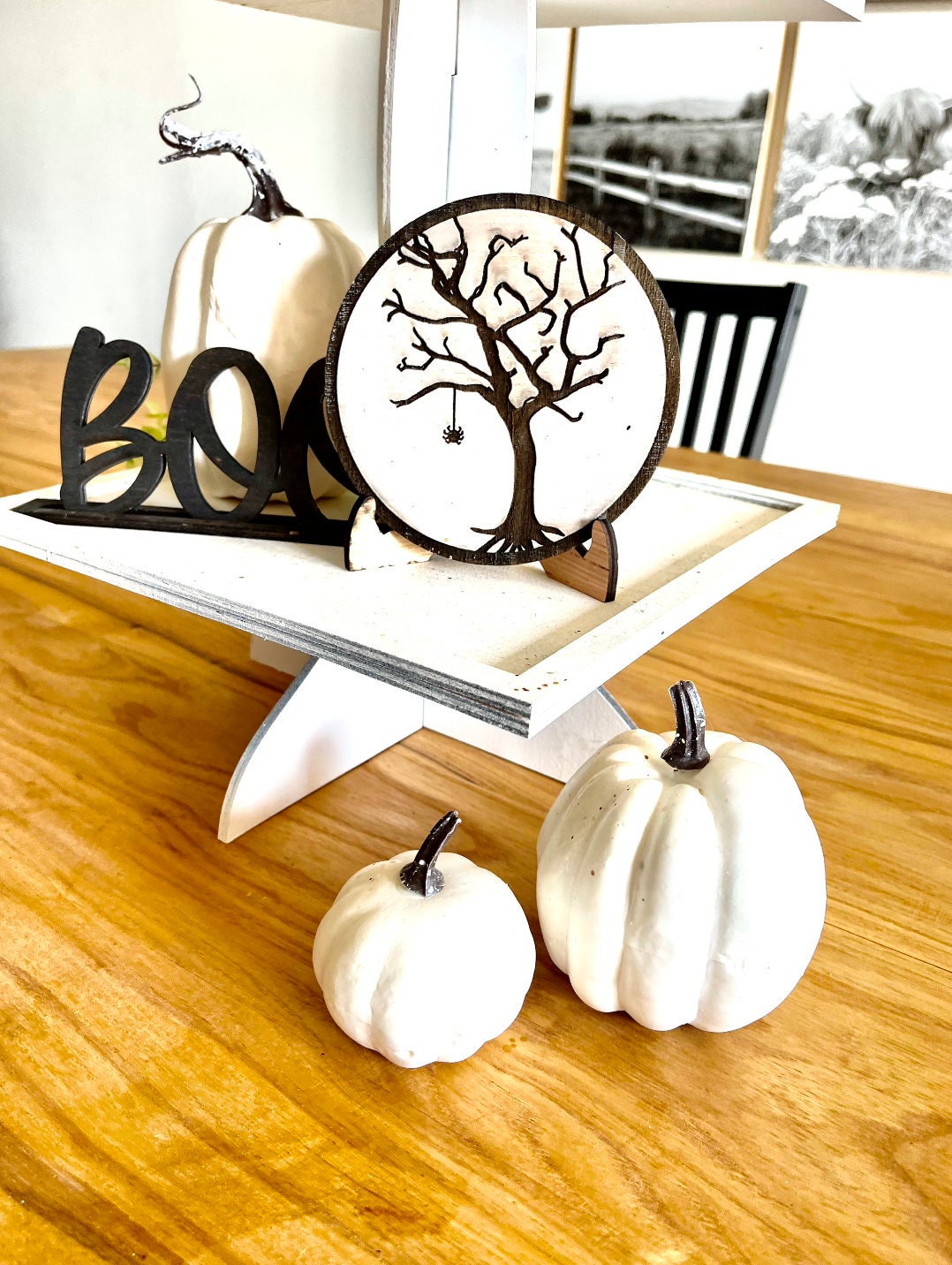 Halloween Boo Neutral Black and White  3d Laser Farmhouse Seasonal Tiered Tray