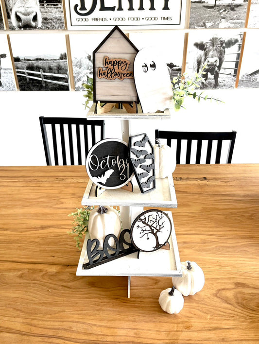 Halloween Boo Neutral Black and White  3d Laser Farmhouse Seasonal Tiered Tray