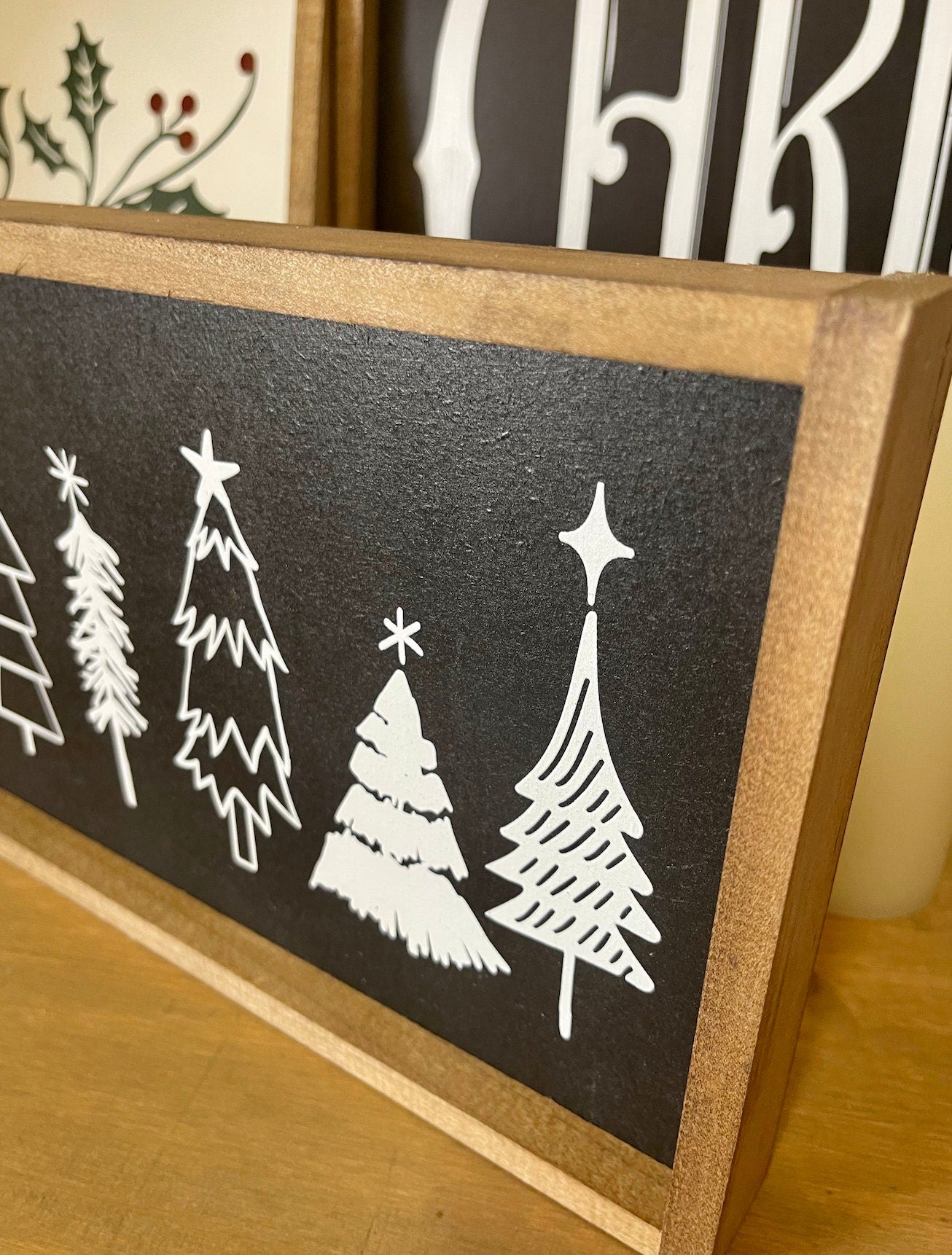 Black and white christmas tree doodle decor christmas wood sign