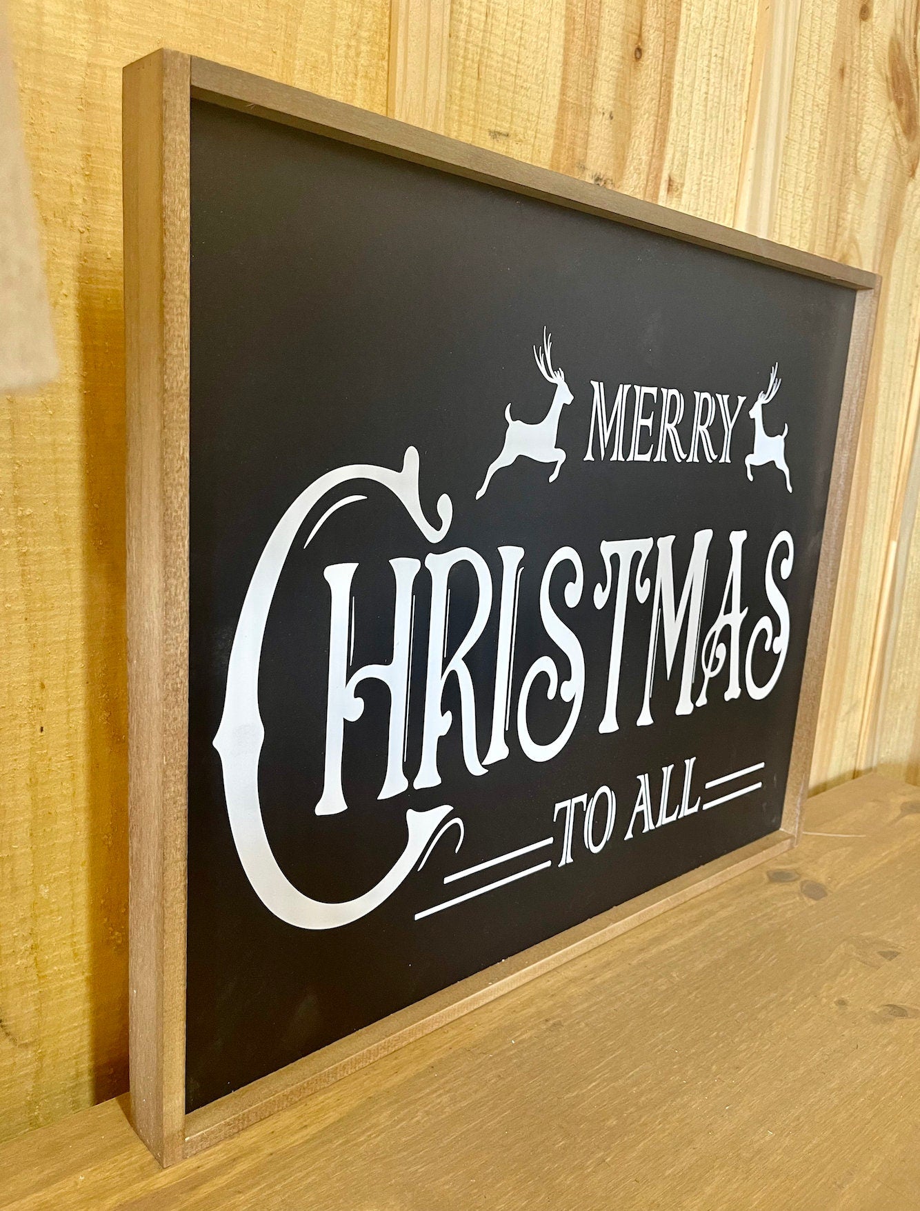 Black Background Merry Christmas to all Traditional Reindeer christmas wood sign