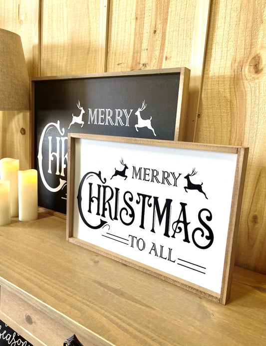 Black Background Merry Christmas to all Traditional Reindeer christmas wood sign