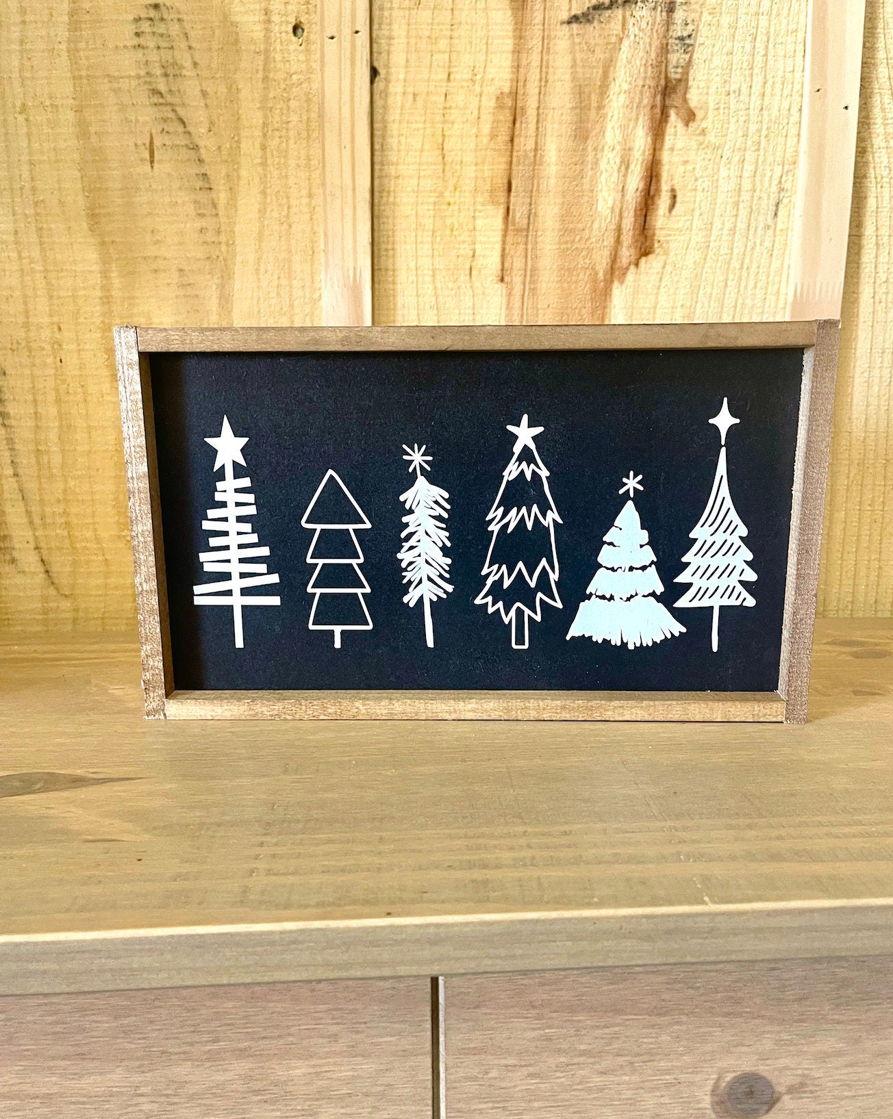 Black and white christmas tree doodle decor christmas wood sign