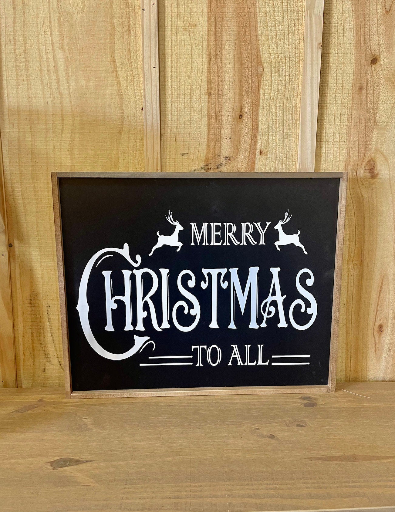 Black Background Merry Christmas to all Traditional Reindeer christmas wood sign