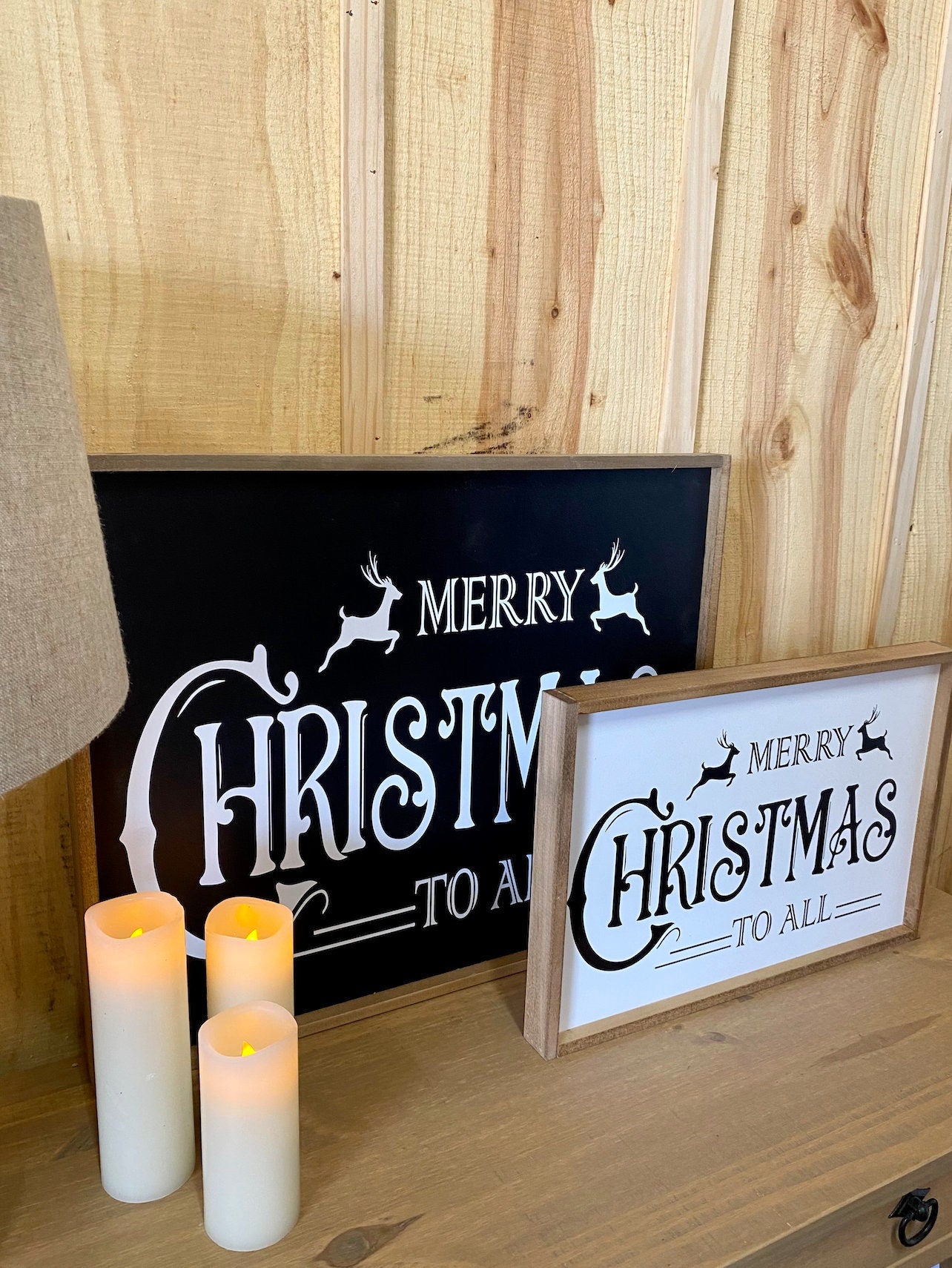 Black Background Merry Christmas to all Traditional Reindeer christmas wood sign