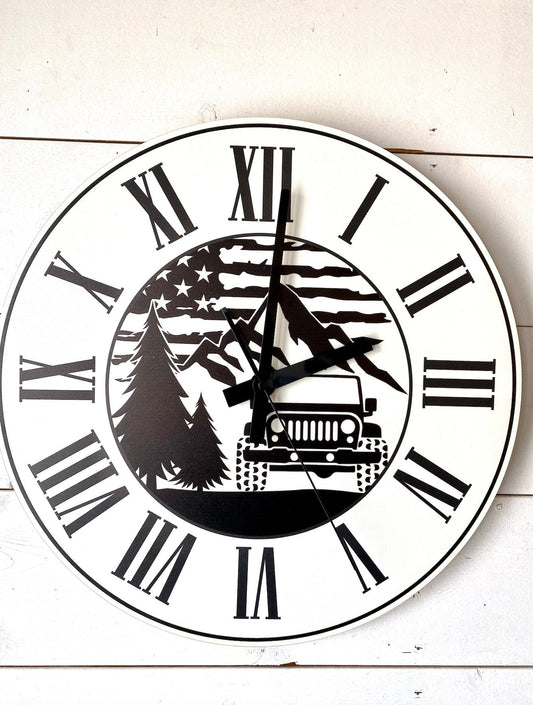 Roman Numeral Off Road Jeep American Flag Wood Clock; Raised numbers